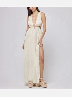 l*space Cream Ribbed Maxi Dress with Deep V and High Slit